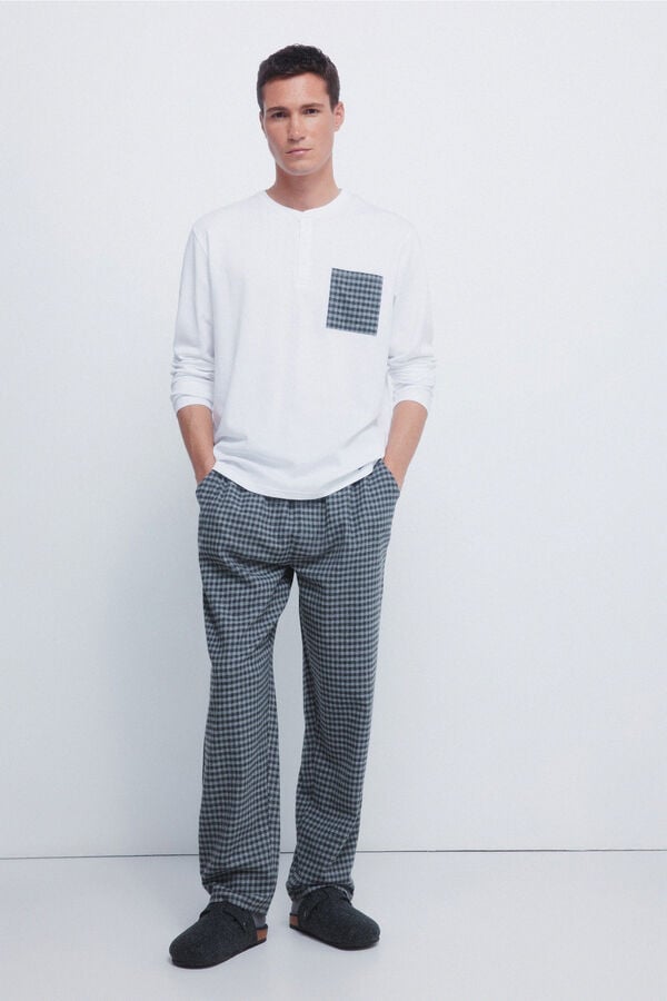 Springfield Pijama largo pantal&oacute;n fannel cuadros grises marfil