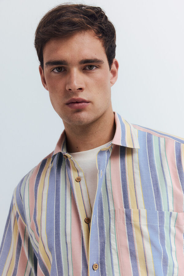 Springfield Camisa de manga manga curta riscas tencel rosa