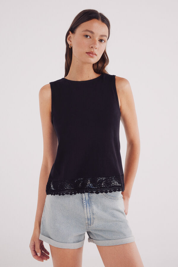 Springfield Camiseta bajo lace flores negro