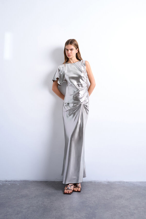 Topshop Vestido longo com babados met&aacute;licos cinzento