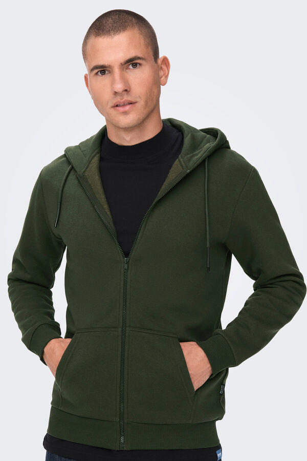 Only & Sons Sudadera de hombre felpada con cremallera. verde