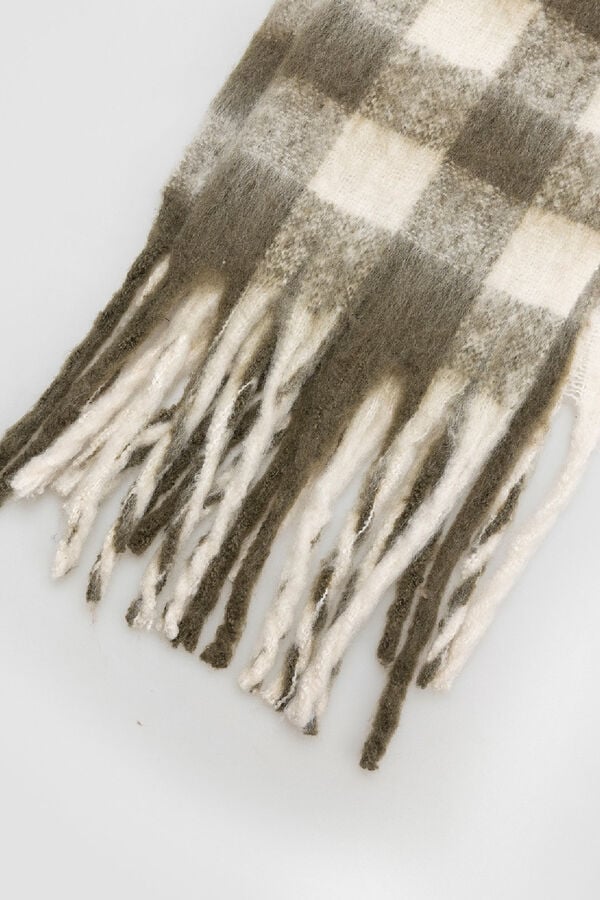 System Action Bufanda de cuadros kaki con flecos estampado