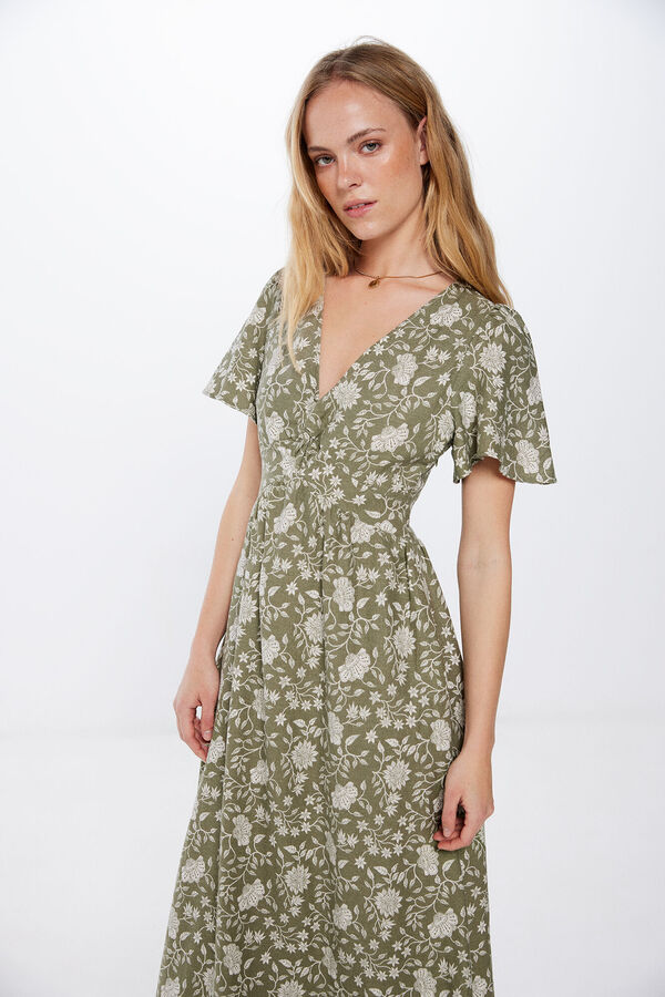 Springfield Vestido midi linho n&oacute; decote estampado