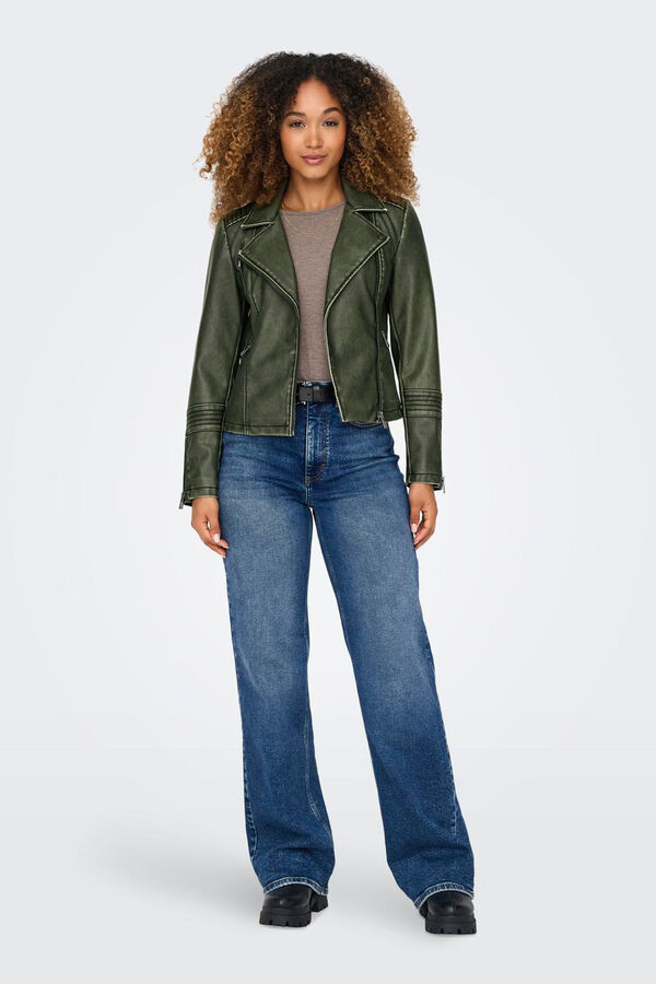 Only Cazadora biker de polipiel efecto envejecido verde