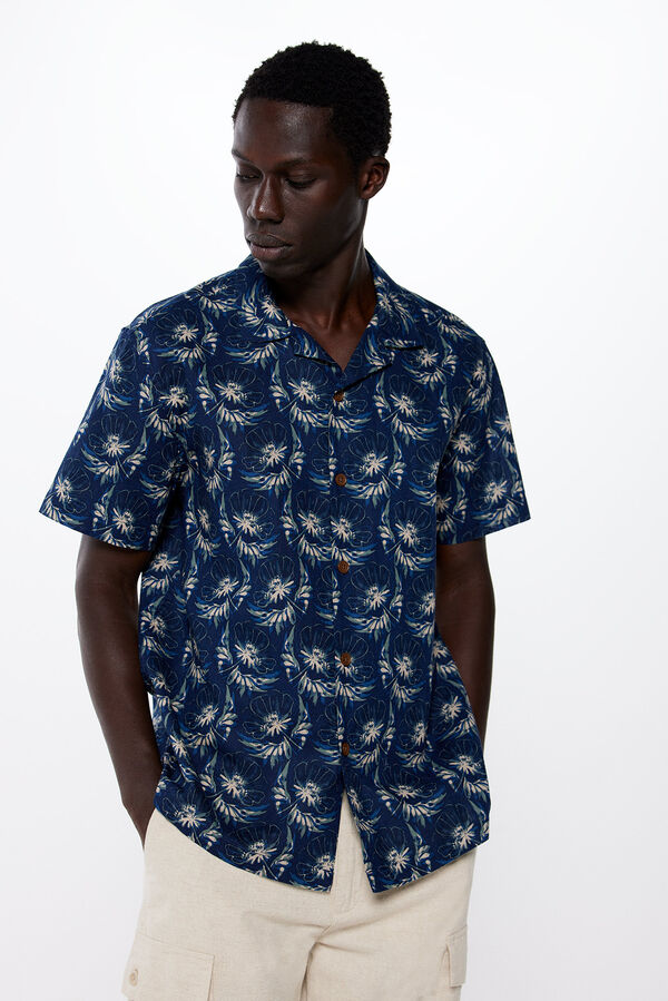 Springfield Camisa manga curto linho estampada azul
