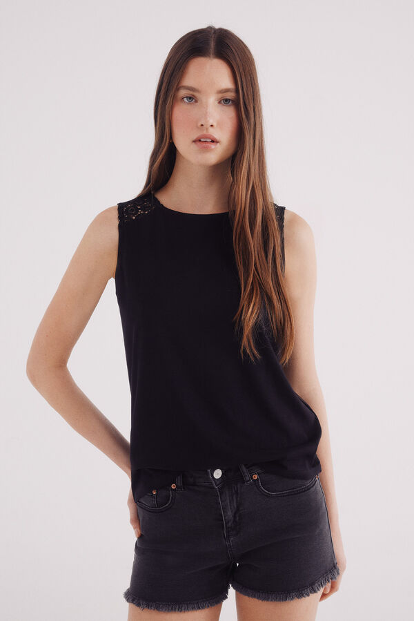 Springfield Camiseta de crochet com ombros preto