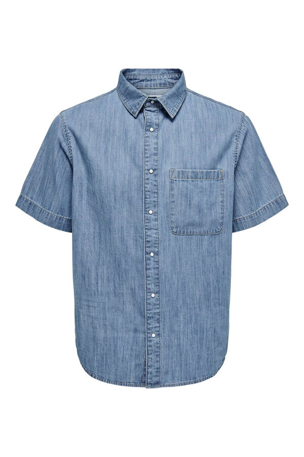 Only & Sons Camisa de hombre estilo chambray de manga corta azul
