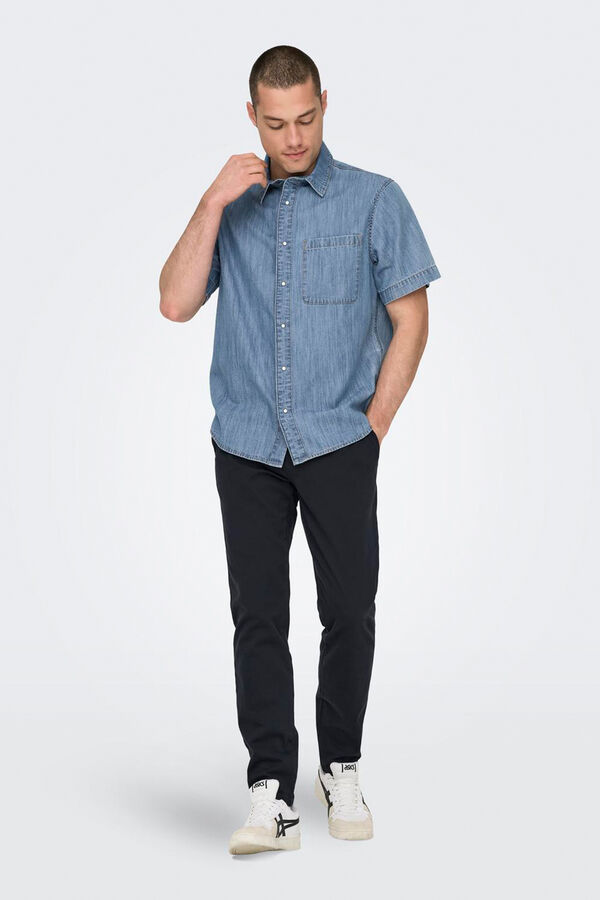 Only & Sons Camisa de hombre estilo chambray de manga corta azul