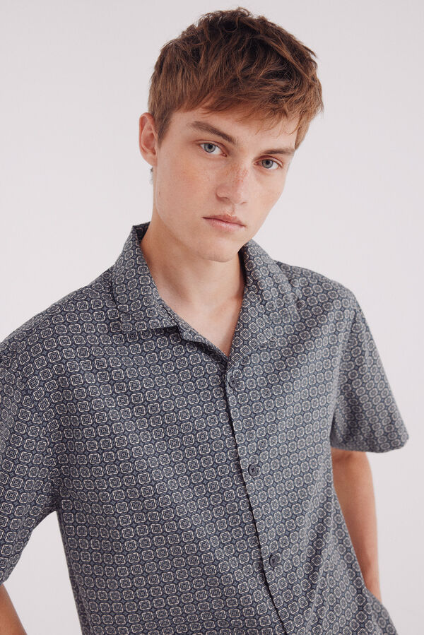 Springfield Camisa de boliche estampada de manga curta azul