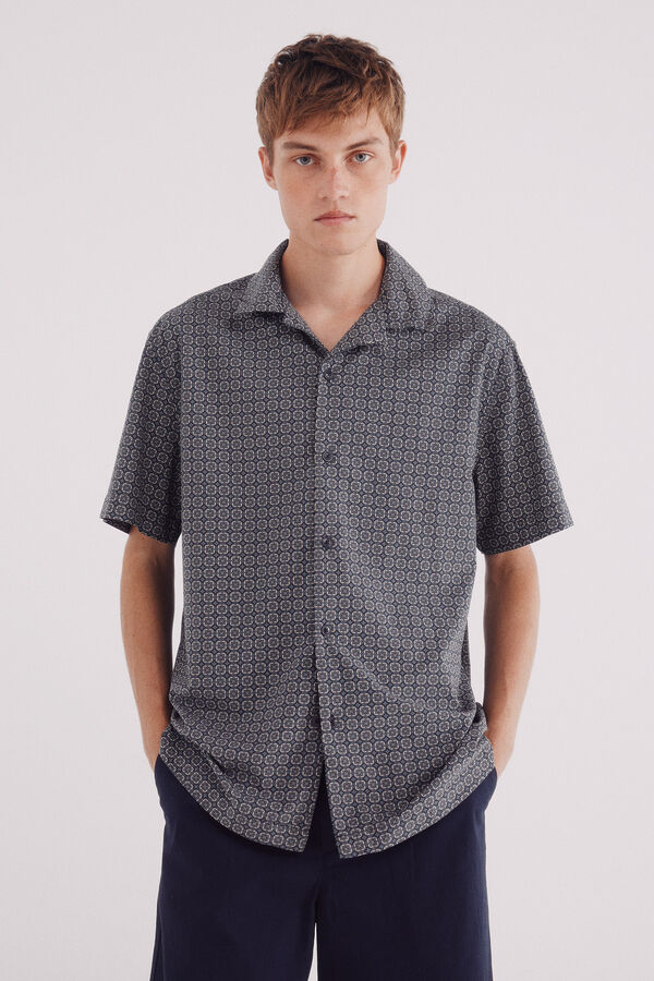 Springfield Camisa de boliche estampada de manga curta azul