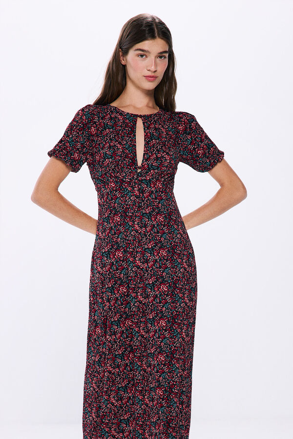 Springfield Vestido midi abertura escote estampado negro