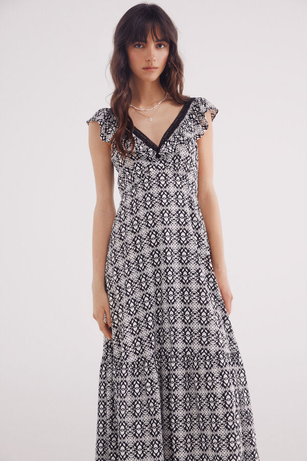 Springfield Vestido midi escote volante lace negro