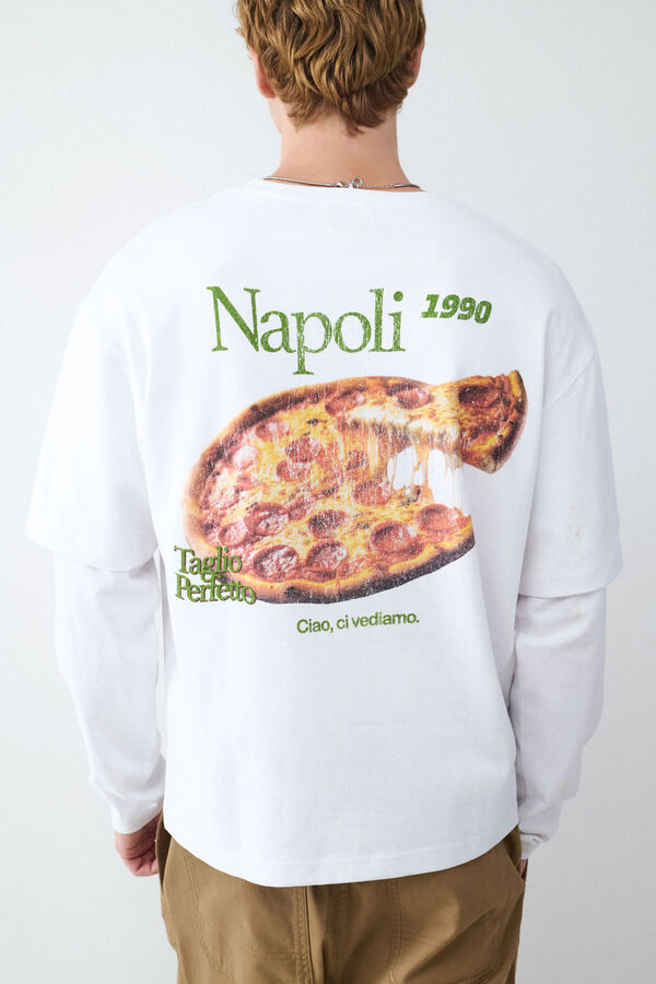 Balmohk Camiseta estampado de pizza de manga dupla  branco