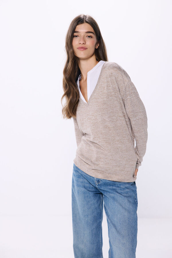 Springfield Camiseta combinada escote pico nude