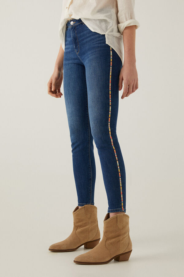 Springfield Jeans slim cropped bordado lateral azul