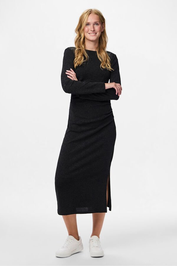 Pieces Vestido midi lurex fruncido cadera negro