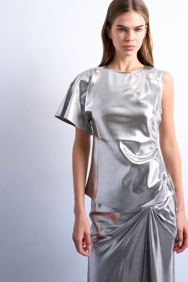 Topshop Vestido longo com babados met&aacute;licos cinzento