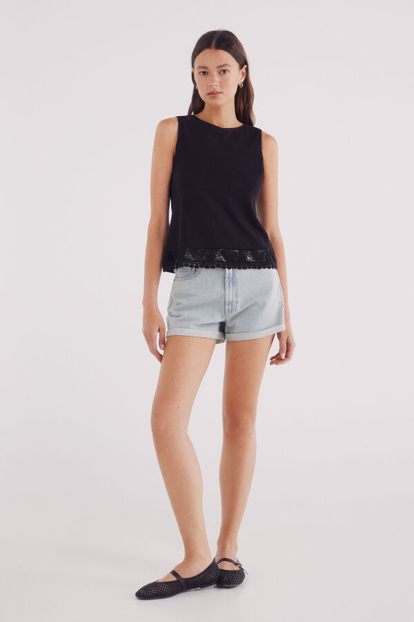 Springfield Camiseta bajo lace flores negro