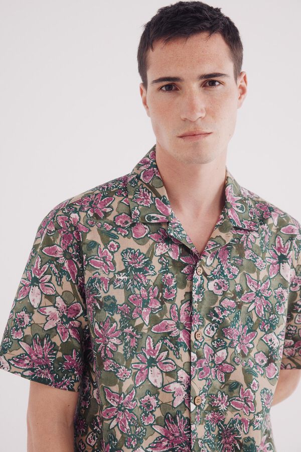 Springfield Camisa de linho estampada de manga curta bege