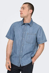 Only & Sons Camisa de hombre estilo chambray de manga corta azul