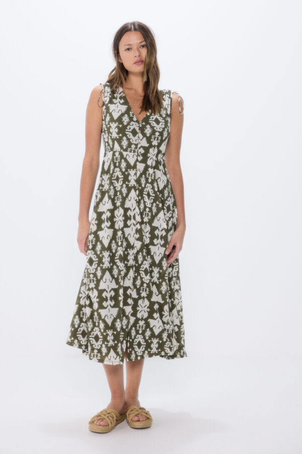 Springfield Vestido midi botones lazo hombros kaki