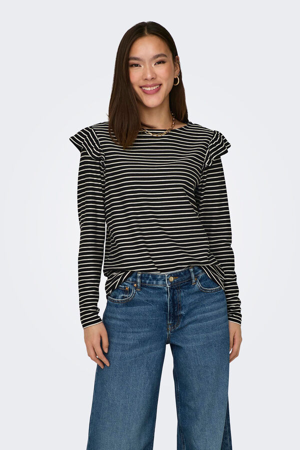 Only Top &agrave;s riscas folhos preto