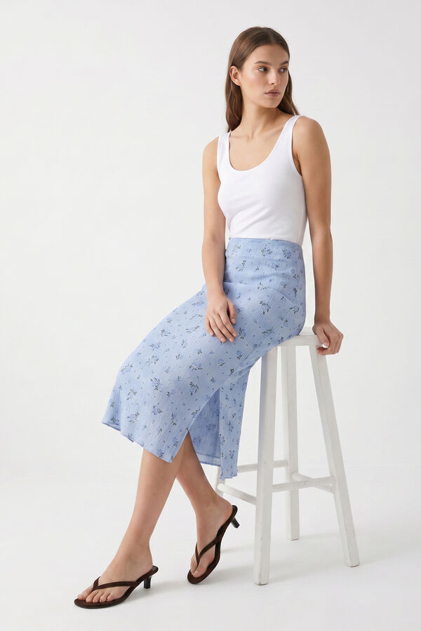 Pieces Falda midi estampada azul