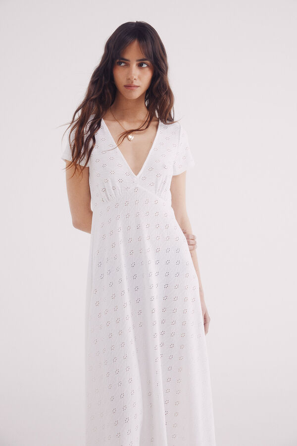 Springfield Vestido midi branco com bordado suíço branco