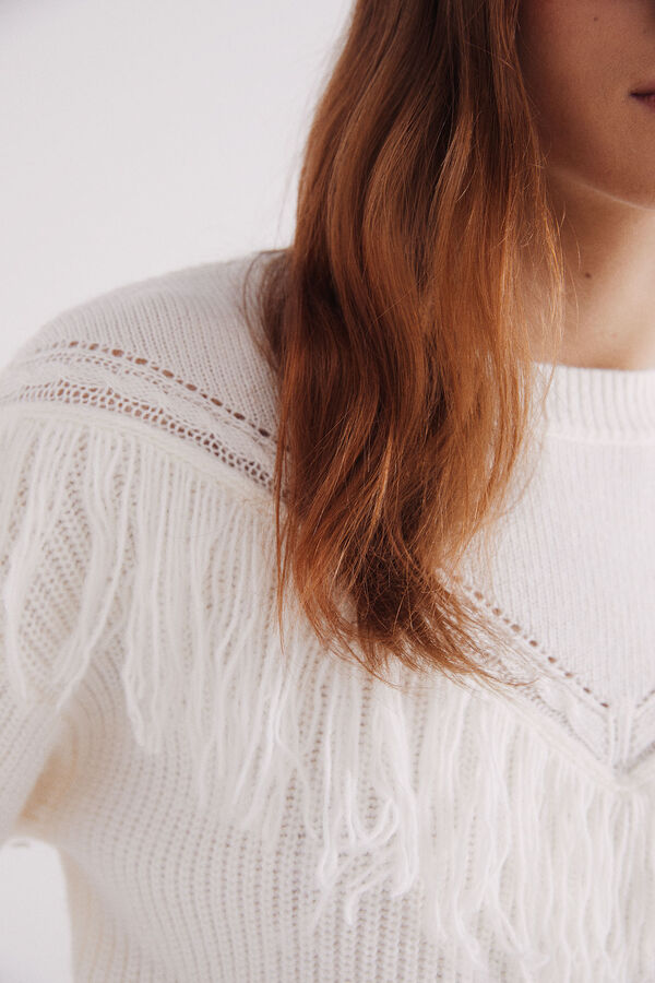 Springfield Su&eacute;ter em V com franjas bege