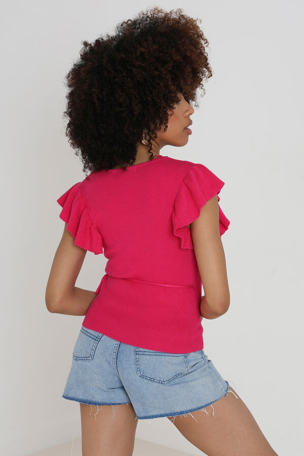 Springfield Top acanalado de manga corta volante fucsia