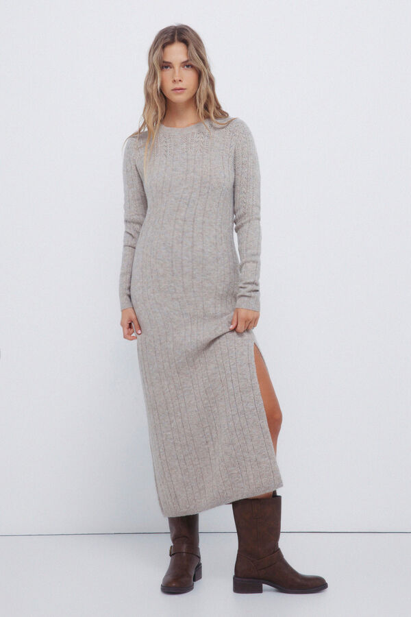 Springfield Vestido midi de malha Pointelle cinzento