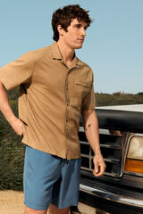 Springfield Camisa de linho manga curta com bolso castanho