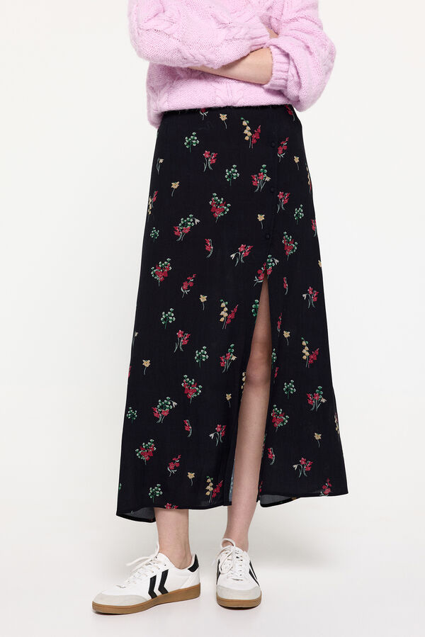 Pieces Falda midi de flores negro