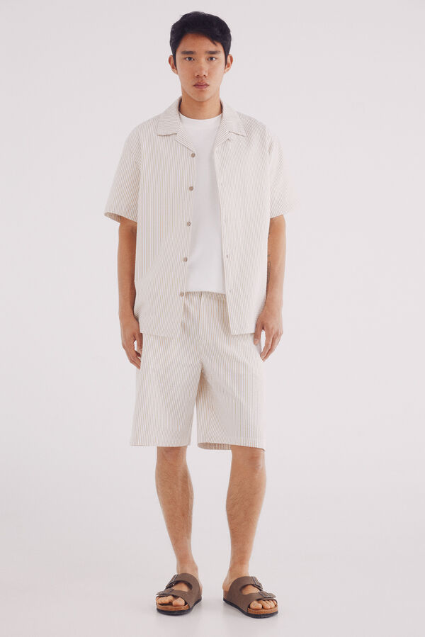 Springfield Camisa de manga manga curta listrada seersucker bege