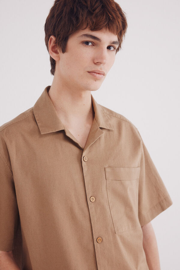 Springfield Camisa de linho manga curta com bolso castanho