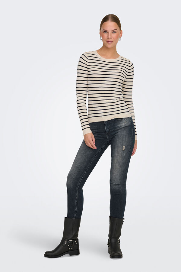 Only Su&eacute;ter manga comprida de gola redonda e manga comprida cinzento