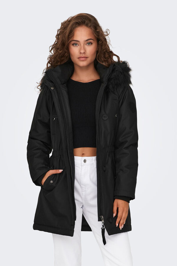 Only Parka con capucha con pelo negro