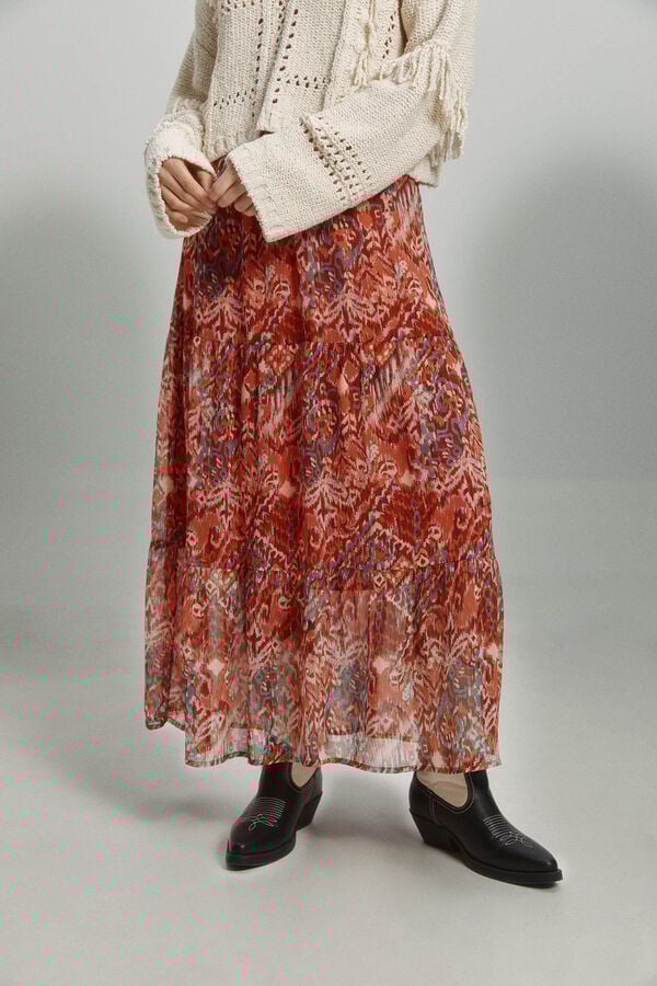 Only Falda larga fluida cintura alta el&aacute;stica naranja