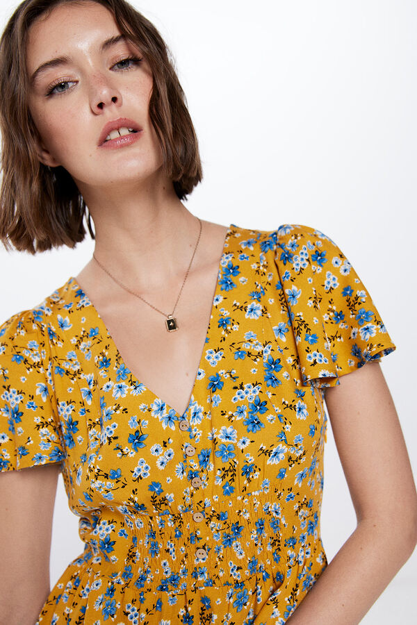 Springfield Vestido Corto Cintura Nido de Abeja amarillo