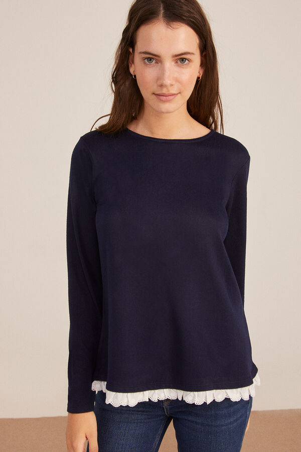 Springfield Camiseta Punto Cortado Bajo Bordado Suizo azul