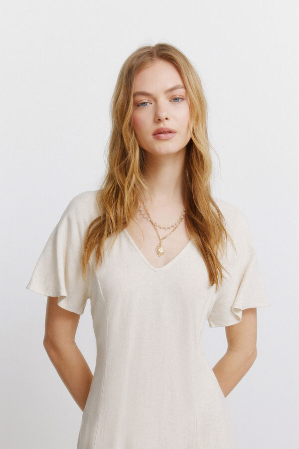 Springfield Vestido midi lino cruzado espalda beige