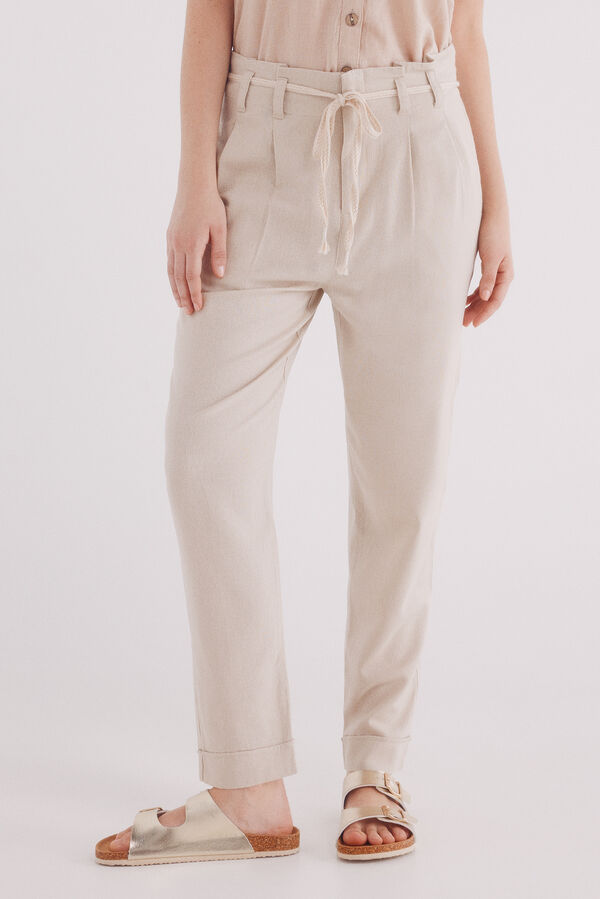 Springfield Pantalón pinzas cinturón lino estampado