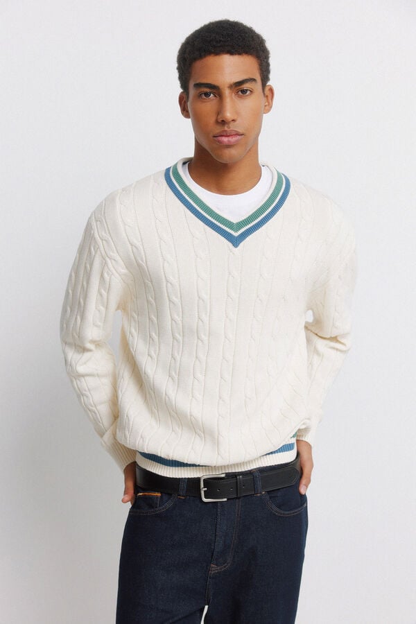 Springfield Camisola de tran&ccedil;as gola em bico branco