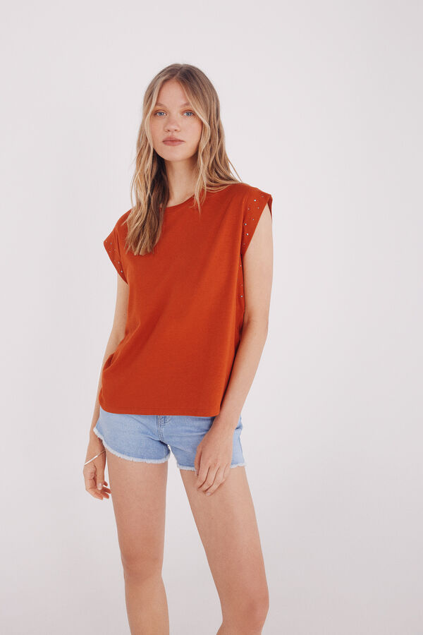 Springfield Camiseta mangas tachas cristal naranja