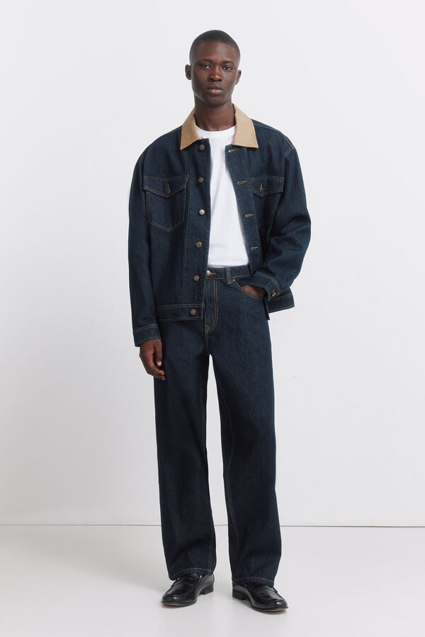 Springfield Jaqueta jeans oversized com gola contrastante azul