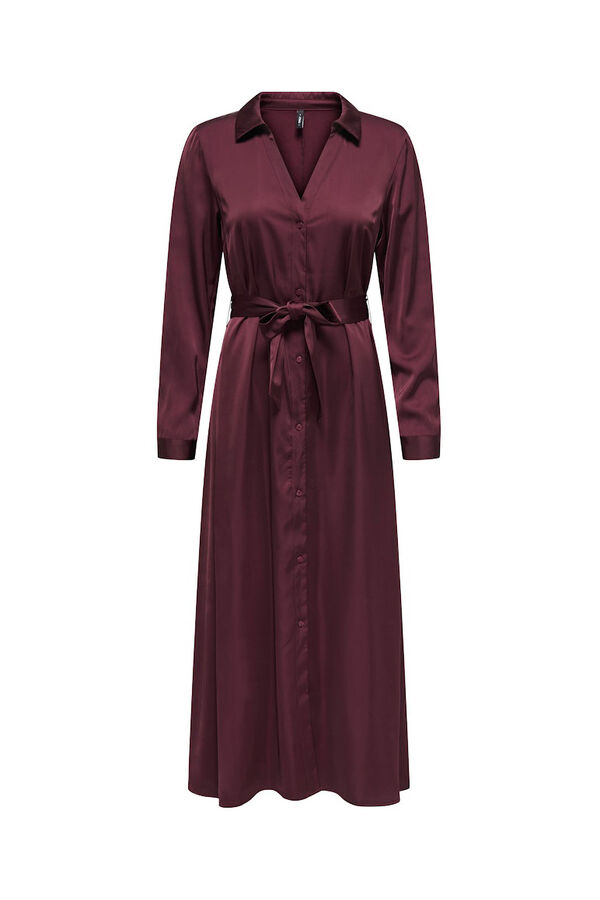Only Vestido largo camisero de sat&eacute;n burdeos