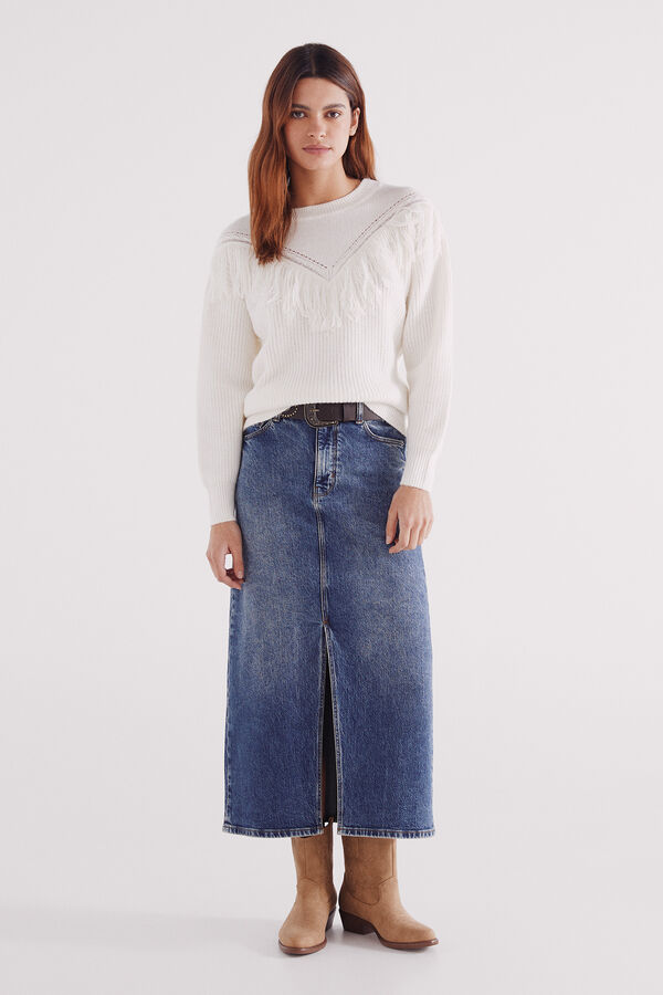 Springfield Su&eacute;ter em V com franjas bege