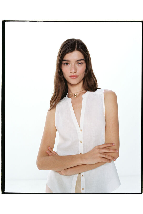 Springfield Blusa Cuello Mao Sin Mangas Algod&oacute;n Lino blanco