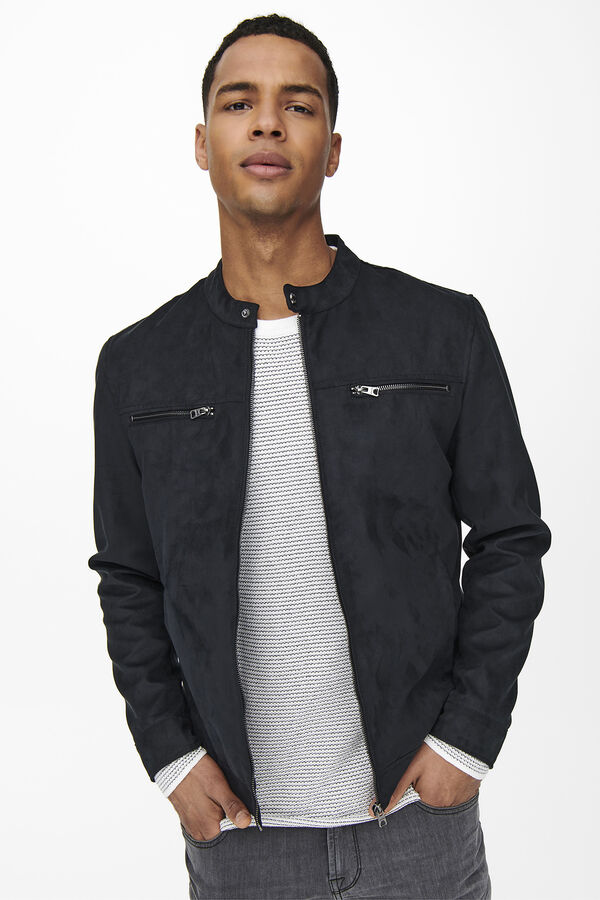 Only & Sons Casaco biker efeito camur&ccedil;a preto
