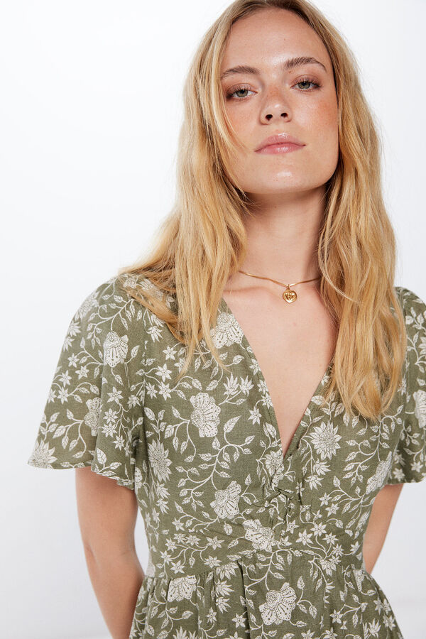 Springfield Vestido midi linho n&oacute; decote estampado